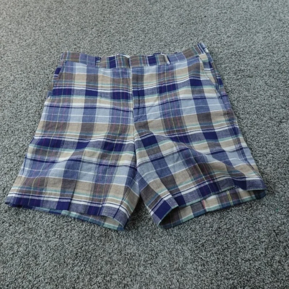 VTG Indian Madras Shorts Mens 36 Blue Plaid Chambray Flat‎ Front Preppy Golf USA